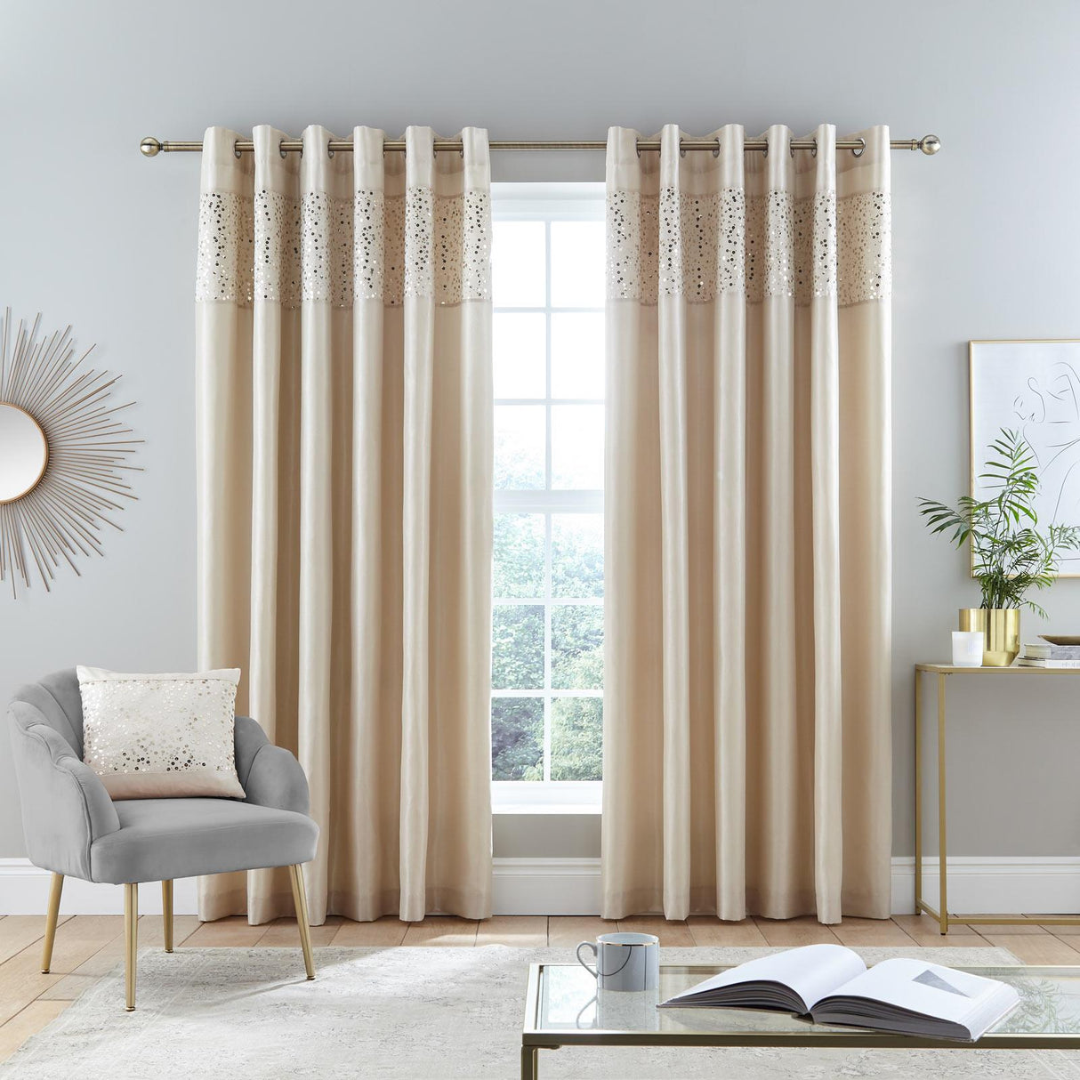 Catherine Lansfield Glitzy Ready Made Eyelet Curtains - Natural