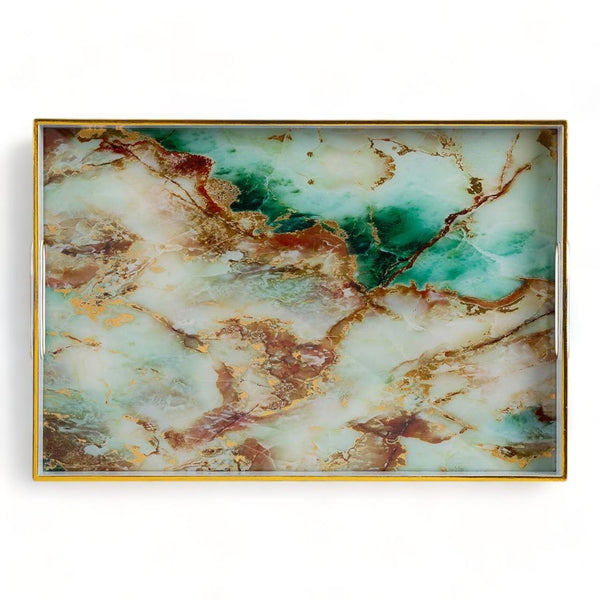 Abstract Rectangular Tray White Green Gold 45cm