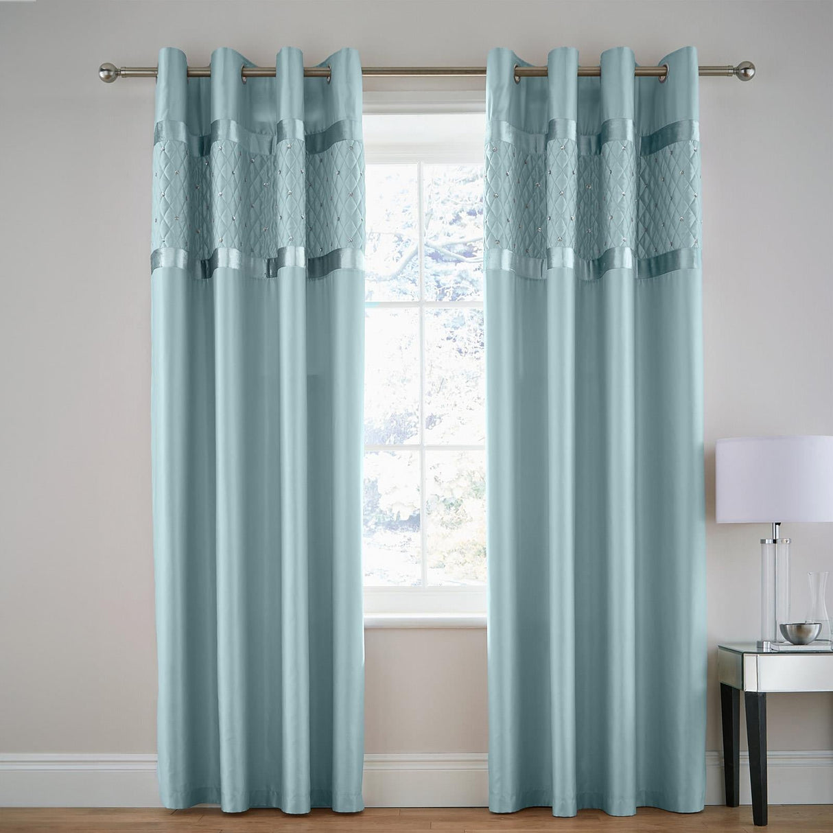 Catherine Lansfield Sequin Cluster Ready Made Eyelet Curtains - Duck Egg