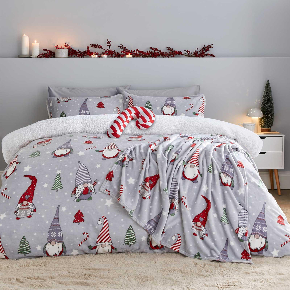 Christmas Festive Gnomes Fleece Duvet Cover Set by Catherine Lansfield