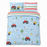 Overhead flat lay of the FarmFriends Kids Animals Duvet Cover Set with two matching pillowcases