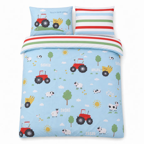 Overhead flat lay of the FarmFriends Kids Animals Duvet Cover Set with two matching pillowcases