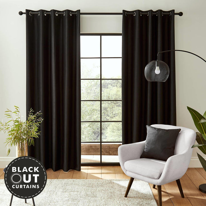 Faux Silk Blackout Eyelet Curtains Black - Ideal