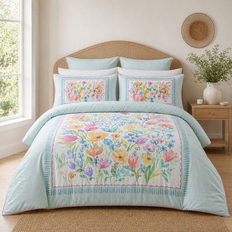 Festival duck egg floral cotton duvet cover set styled on a fresh bright bedroom bed