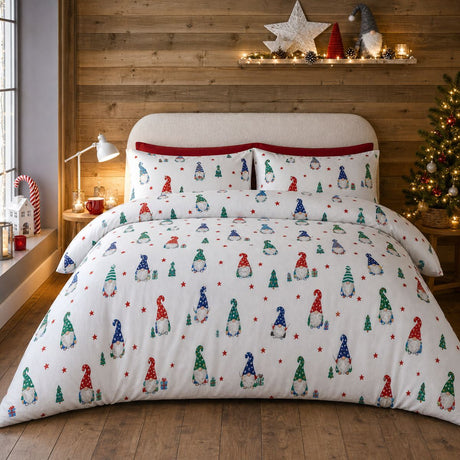 Festive Gonks Microfibre Christmas Duvet Cover Set styled on a bed in a coordinated bedroom lifestyle scene
