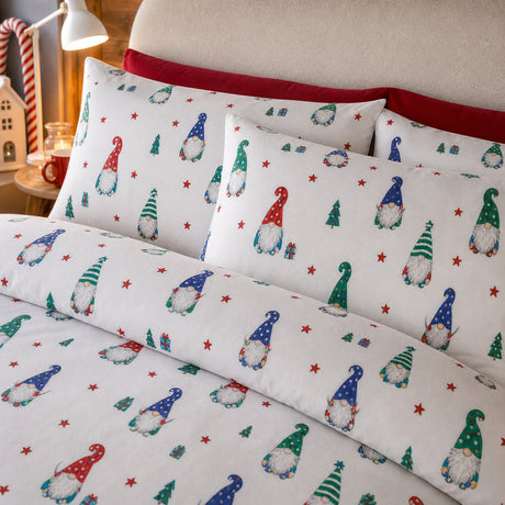 Close-up of matching Festive Gonks Microfibre Christmas Duvet Cover Set pillowcases showing the pattern and fabric detail