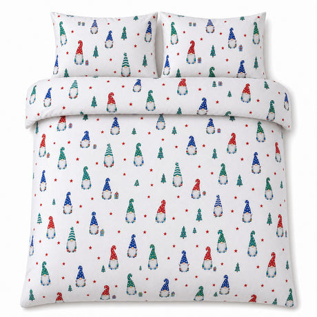 Overhead flat lay of the Festive Gonks Microfibre Christmas Duvet Cover Set with two matching pillowcases