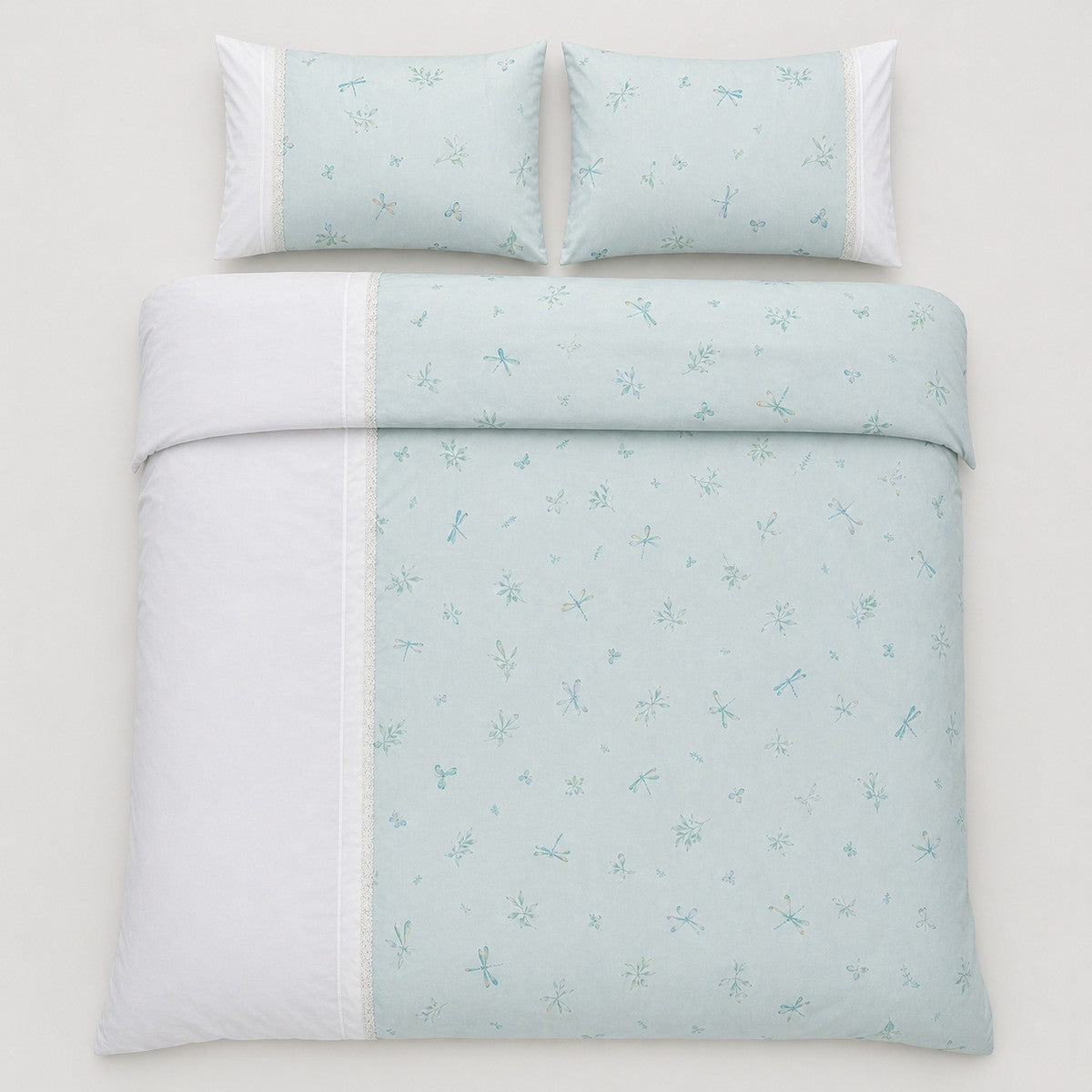 Overhead flat lay of the Fifi duck egg botanical duvet cover set with two matching pillows