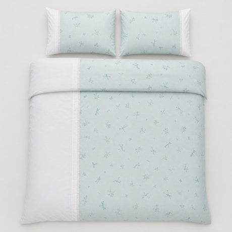 Overhead flat lay of the Fifi duck egg botanical duvet cover set with two matching pillows