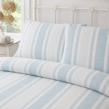 Close-up of Finlay Stripe Polycotton Duvet Cover Set in blue pillowcases showing the print and fabric detail
