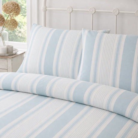 Close-up of Finlay Stripe Polycotton Duvet Cover Set in blue pillowcases showing the print and fabric detail
