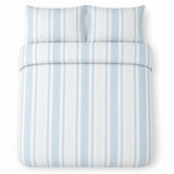 Overhead flat lay of the Finlay Stripe Polycotton Duvet Cover Set in blue with two matching pillowcases