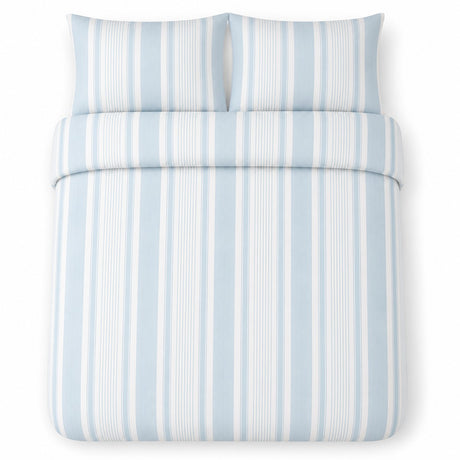 Overhead flat lay of the Finlay Stripe Polycotton Duvet Cover Set in blue with two matching pillowcases