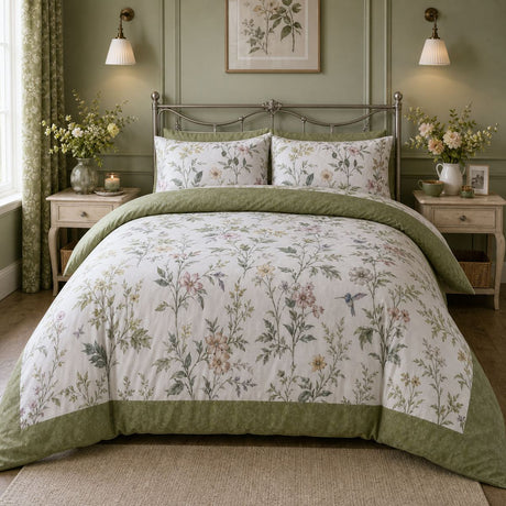 Fiorella Floral Green Cotton Duvet Cover Set styled on a bed in a coordinated bedroom lifestyle scene