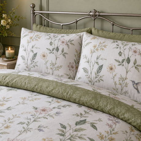 Close-up of matching Fiorella Floral Green Cotton Duvet Cover Set pillowcases showing the pattern and fabric detail