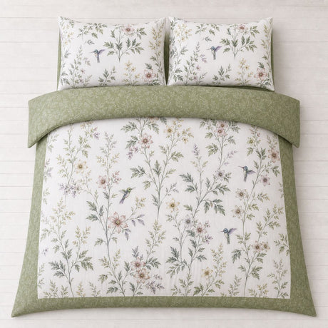 Overhead flat lay of the Fiorella Floral Green Cotton Duvet Cover Set with two matching pillowcases