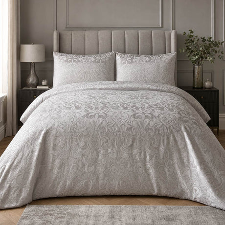 Firenza Silver velvet jacquard duvet cover set styled on a coordinated bedroom bed