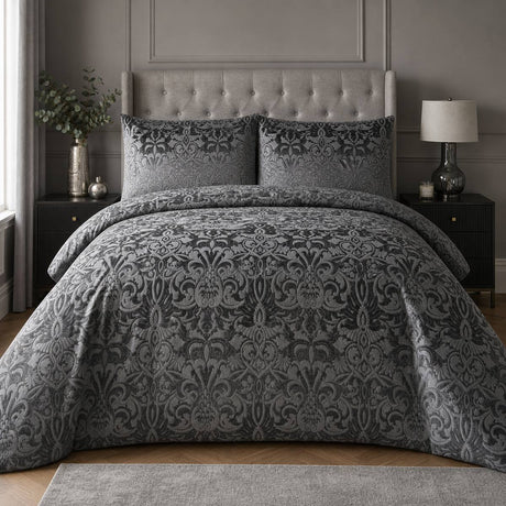 Firenza Slate velvet jacquard duvet cover set styled on a coordinated bedroom bed