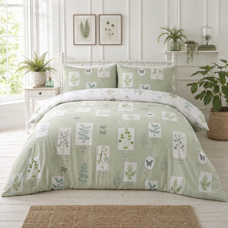 Floral Garden green reversible duvet cover set styled on a fresh botanical bedroom bed