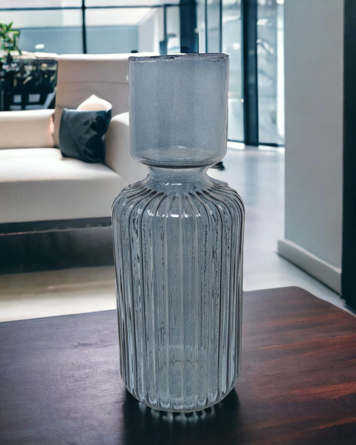 Fluted Ribbed Glass Vase Blue 30cm - Ideal