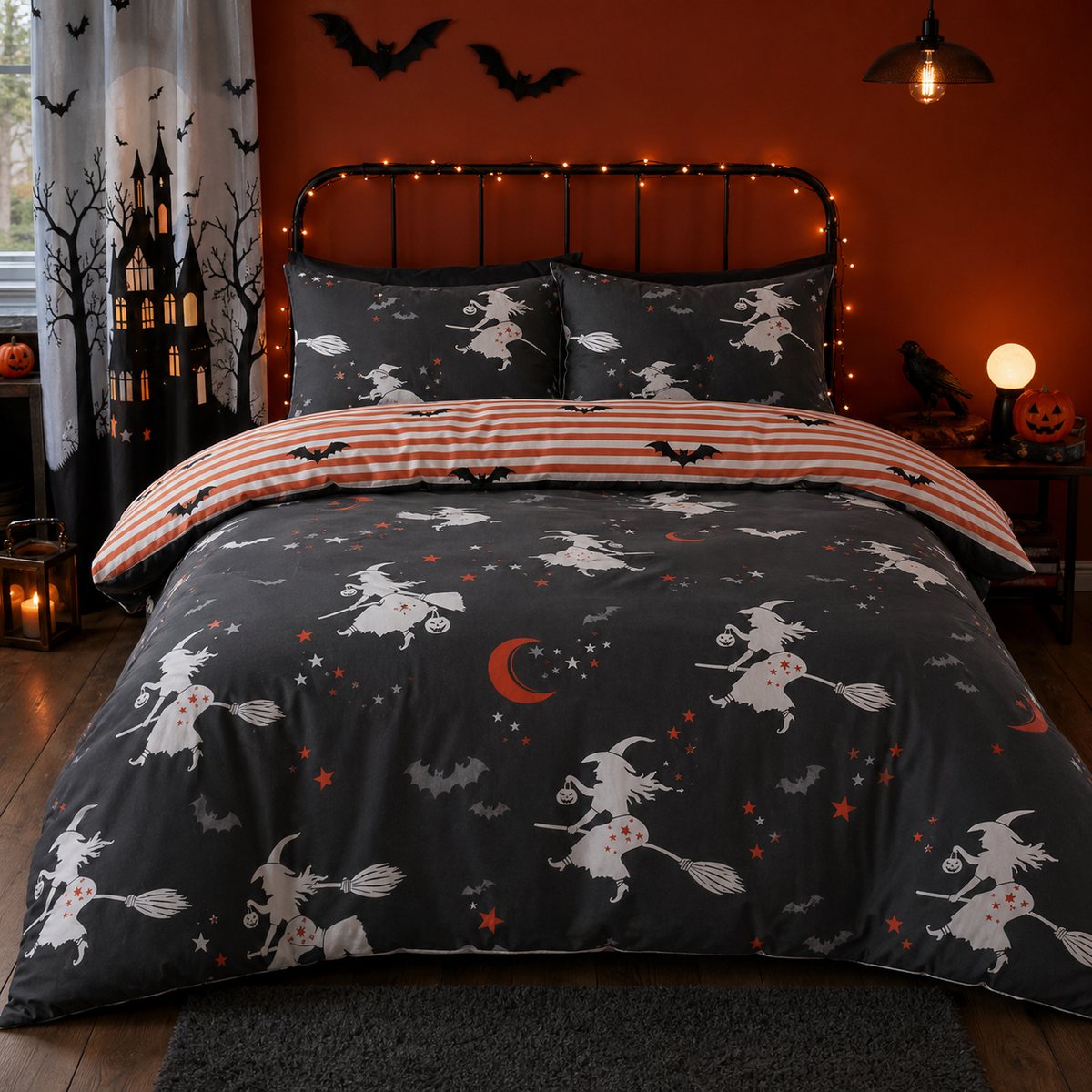 Flying Witches dark Halloween duvet cover set styled in a warm orange teen bedroom