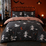 Flying Witches dark Halloween duvet cover set styled in a warm orange teen bedroom