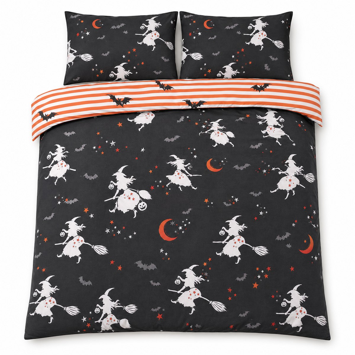 Overhead flat lay of the Flying Witches Halloween duvet cover set with orange striped reverse