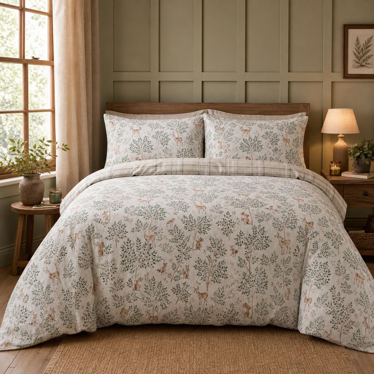 Forest Animals Flannelette Brushed Cotton Duvet Cover Set styled on a bed in a coordinated bedroom lifestyle scene
