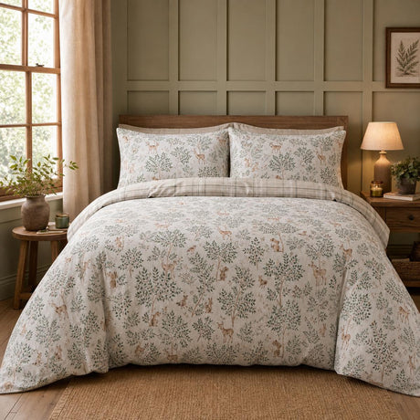 Forest Animals Flannelette Brushed Cotton Duvet Cover Set styled on a bed in a coordinated bedroom lifestyle scene