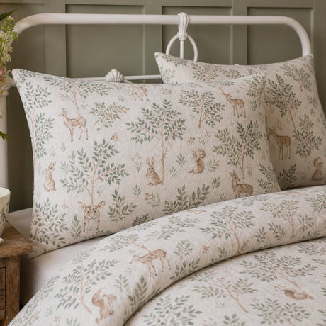Close-up of matching Forest Animals Flannelette Brushed Cotton Duvet Cover Set pillowcases showing the pattern and fabric detail