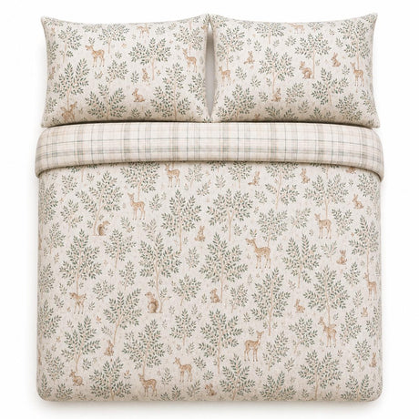 Overhead flat lay of the Forest Animals Flannelette Brushed Cotton Duvet Cover Set with two matching pillowcases