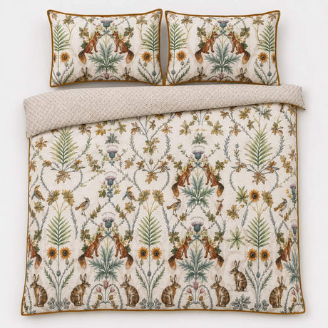 Overhead flat lay of the Foxdale woodland brushed cotton duvet cover set with two pillows
