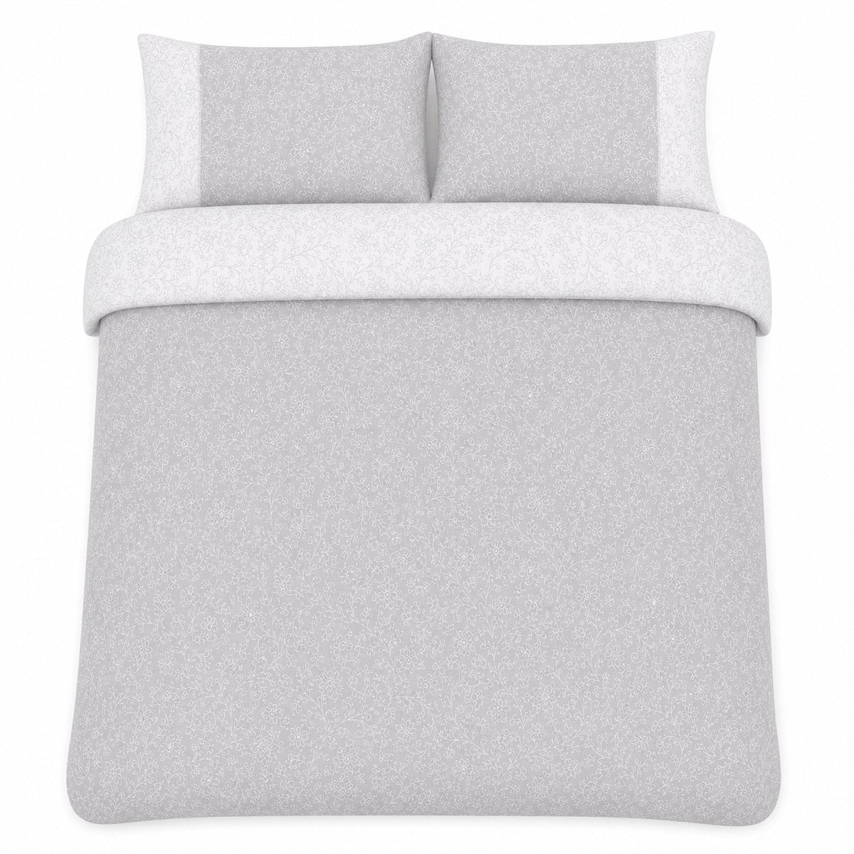 Overhead flat lay of the Frampton Floral Polycotton Duvet Cover Set in grey with two matching pillowcases