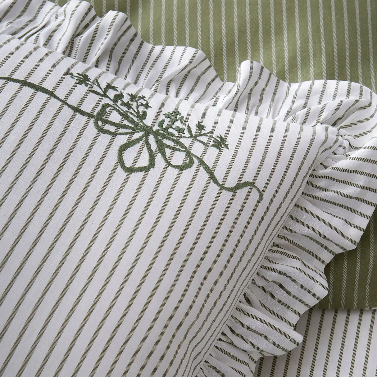 Frilled Embroidered Bow Stripe Green 100% Cotton Duvet Cover Set - product image 3