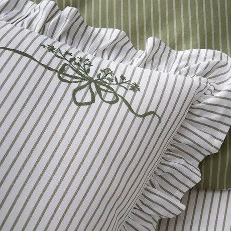 Frilled Embroidered Bow Stripe Green 100% Cotton Duvet Cover Set - product image 3