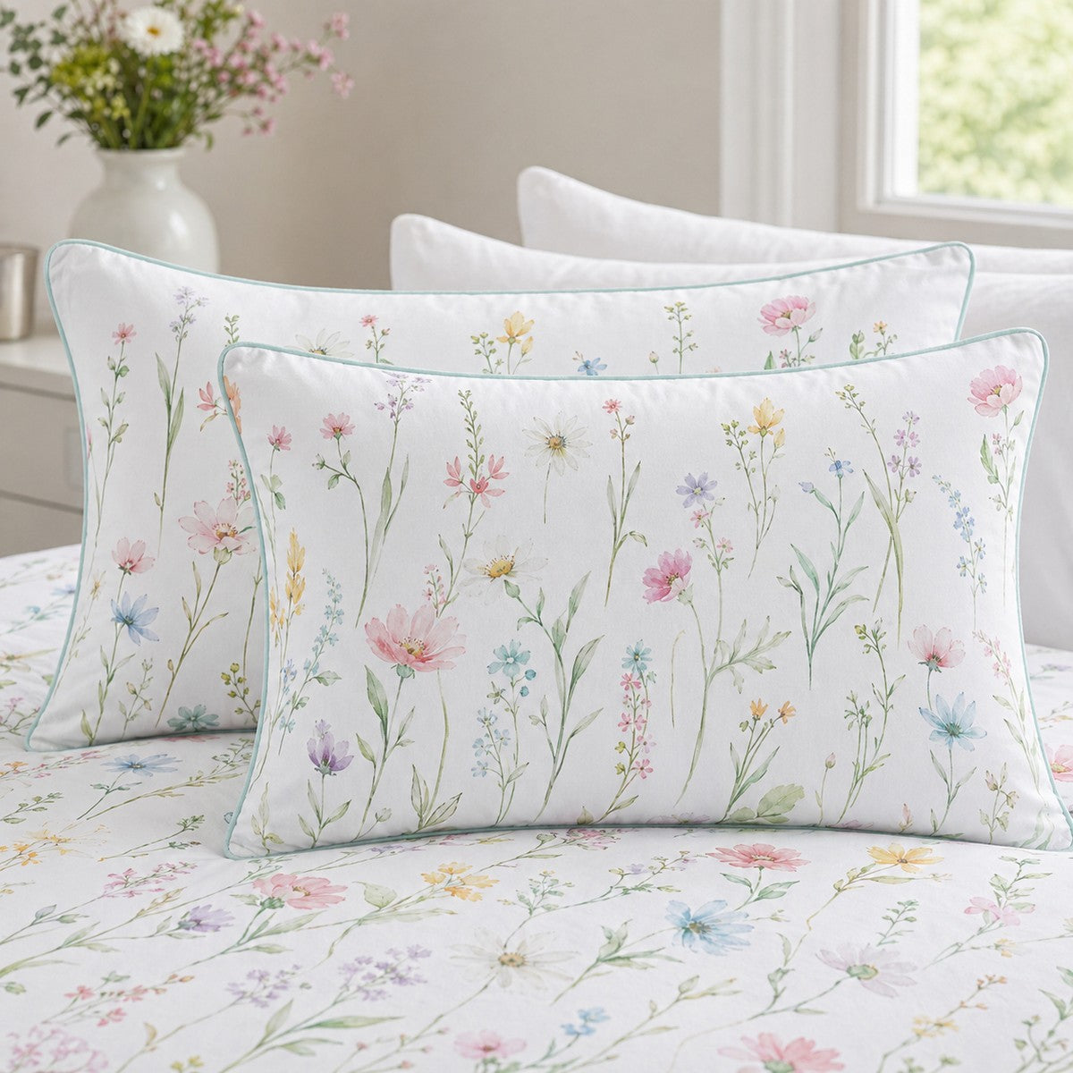 Close-up of Gardenia cotton pillowcases showing the pastel floral print and aqua piping
