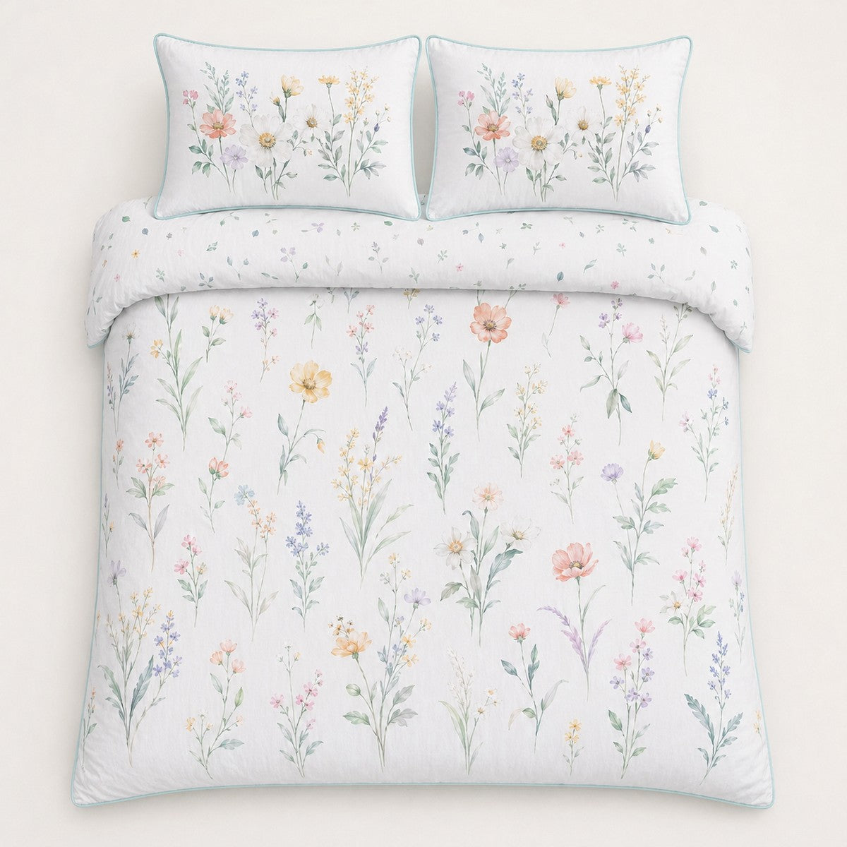 Overhead flat lay of the Gardenia floral cotton duvet cover set with two pillows