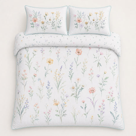 Overhead flat lay of the Gardenia floral cotton duvet cover set with two pillows