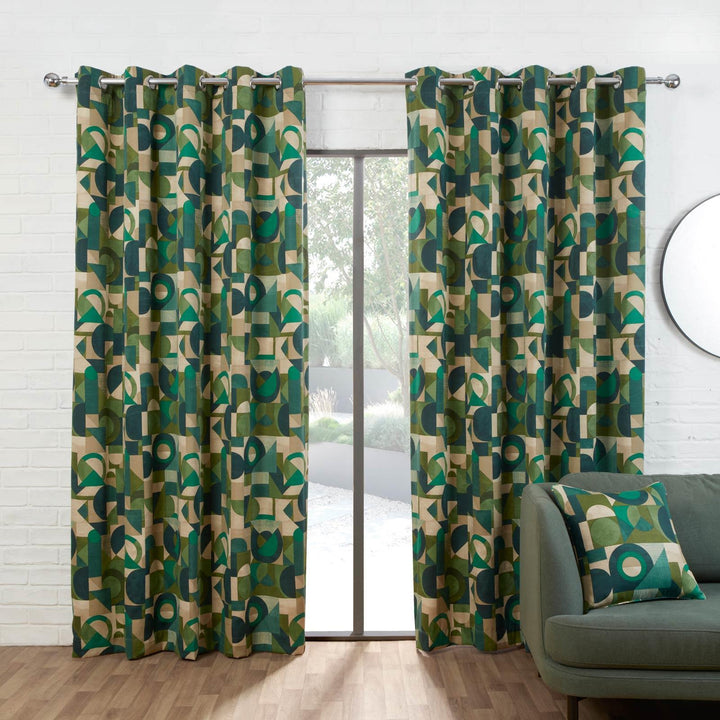 Geometrica Lined Eyelet Curtains Bottle Green - Ideal