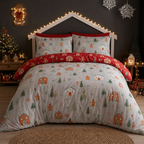 Gingerbread House Christmas Polycotton Duvet Cover Set styled on a bed in a coordinated bedroom lifestyle scene
