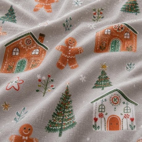 Macro close-up of the polycotton fabric on the Gingerbread House Christmas Polycotton Duvet Cover Set