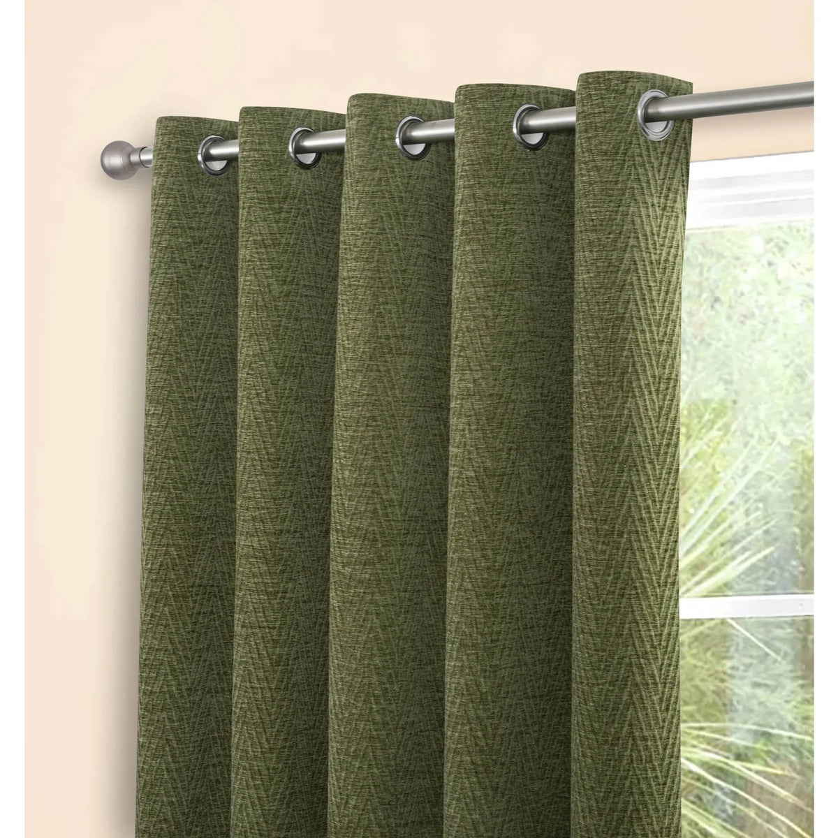 Langley Olive Herringbone Thermal Eyelet Curtains