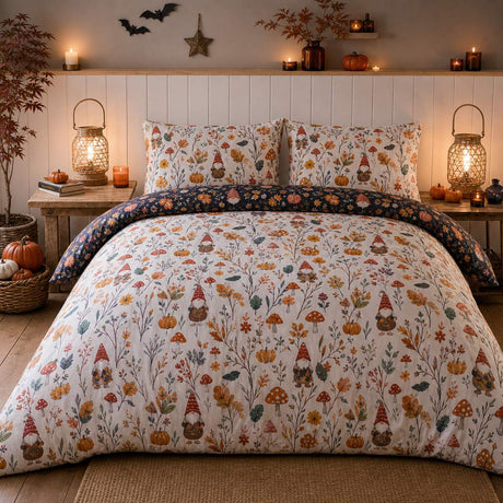 Gonks & Friends Navy Halloween Microfibre Duvet Cover Set styled on a bed in a coordinated bedroom lifestyle scene