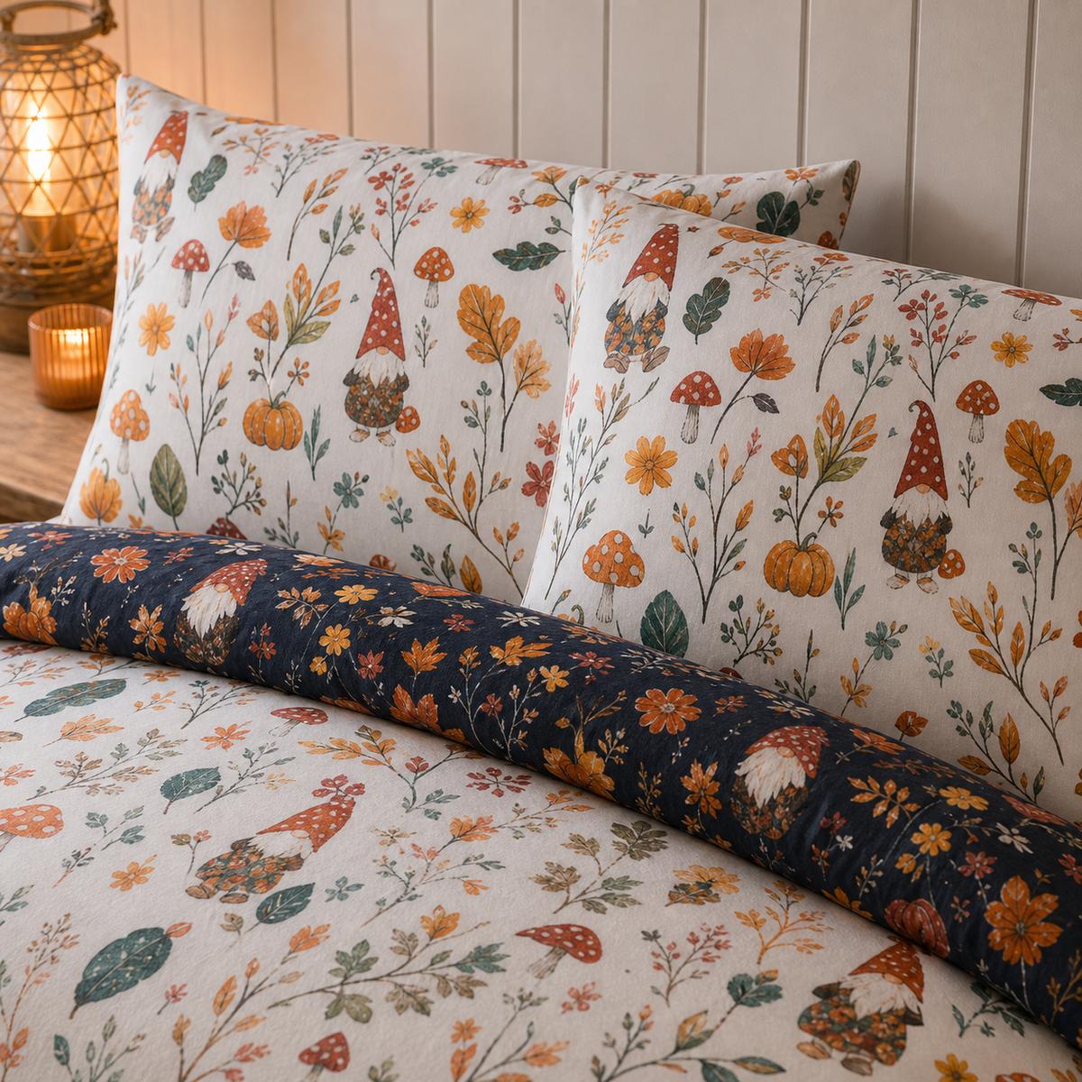 Close-up of matching Gonks & Friends Navy Halloween Microfibre Duvet Cover Set pillowcases showing the pattern and fabric detail