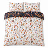 Overhead flat lay of the Gonks & Friends Navy Halloween Microfibre Duvet Cover Set with two matching pillowcases