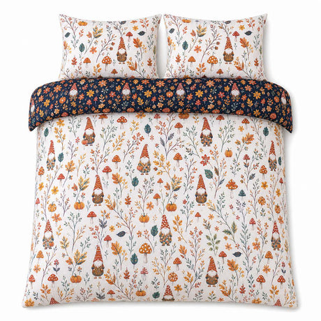 Overhead flat lay of the Gonks & Friends Navy Halloween Microfibre Duvet Cover Set with two matching pillowcases