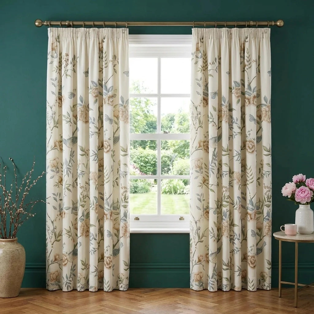 Amelle Floral Green Pencil Pleat Curtains