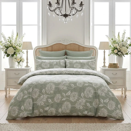 Chrysanthemum Floral Duvet Cover Set - Green
