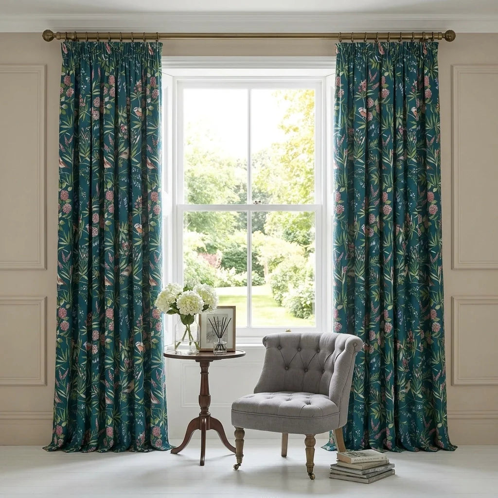 Caraway Floral Green Pencil Pleat Curtains