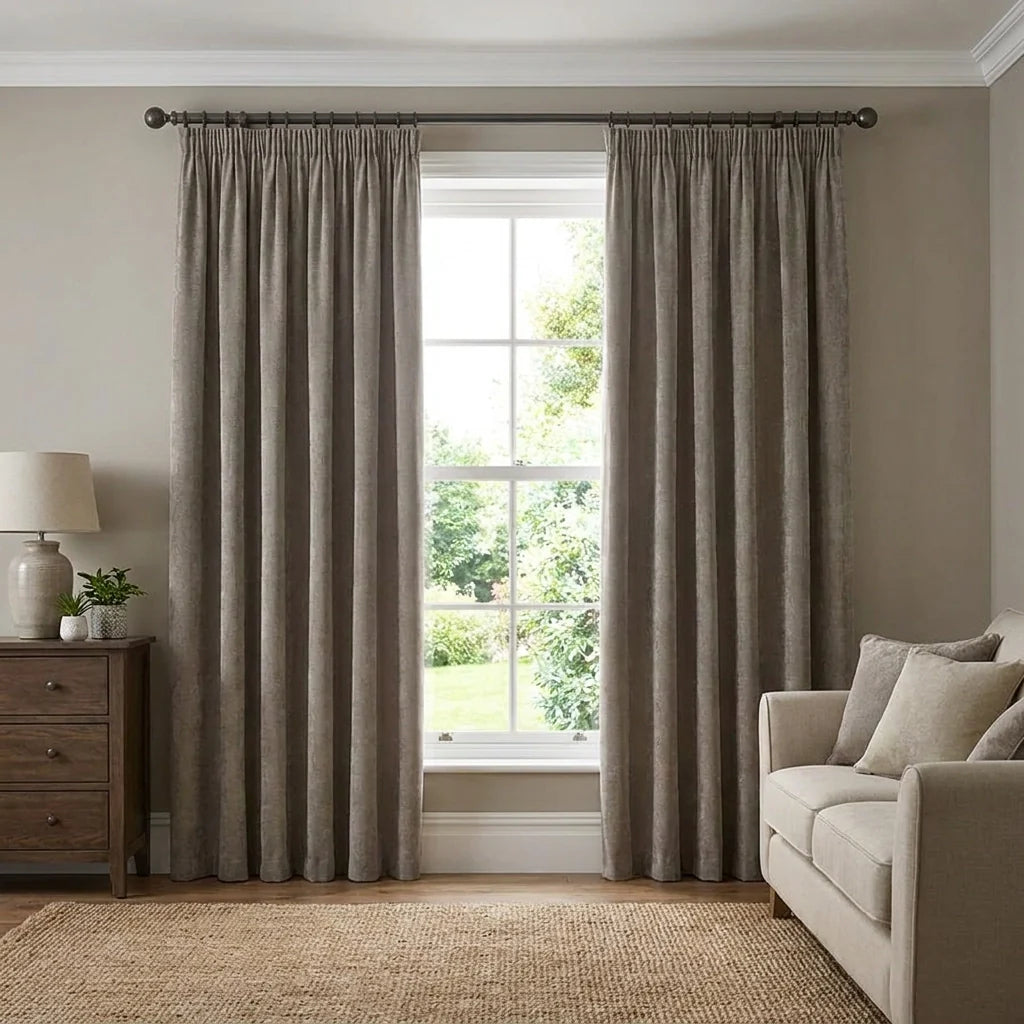 Heavy Lined Greige Velvet Chenille Pencil Pleat Curtains
